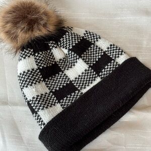 Checkered Knit Beanie with Faux Fur Pom